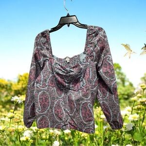 J. Crew Pink and Blue Puff Sleeve Ruched Blouse size 18